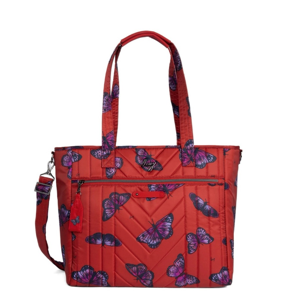 Lug Paddle Carry All Tote - Poppy Red w/ butterfly charm - EUC